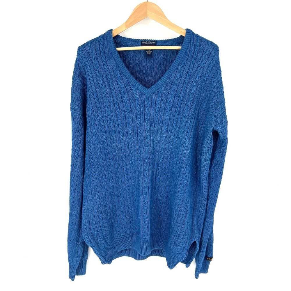 GANT Cable Knit V Neck Sweater Mens Size 2X Big Blue‎ Cotton Hand Framed
